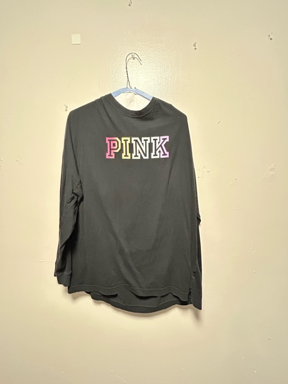 PINK Graphic Long Sleeve Tee - Black with Multicolor Lettering